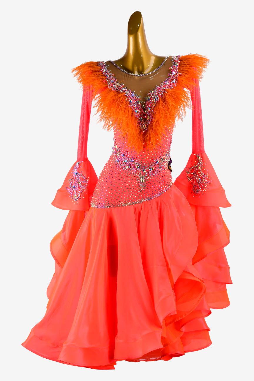 Permino vitality orange Standard dress with pearl chiffon underskirt, crystal AB & feathers - PerminoDesign