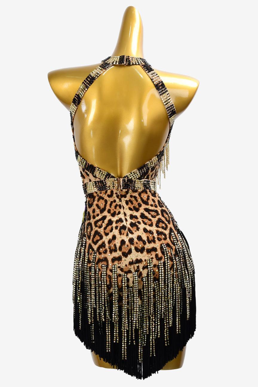 Permino leopard print Latin dress with crystal AB, fringe, beaded fringe and stone fringes - PerminoDesign