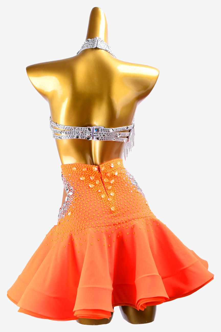 Permino silver dot shine lycra Latin dress with orangered ruffle fishbone underskirt, beaded fringes and crystals - PerminoDesign