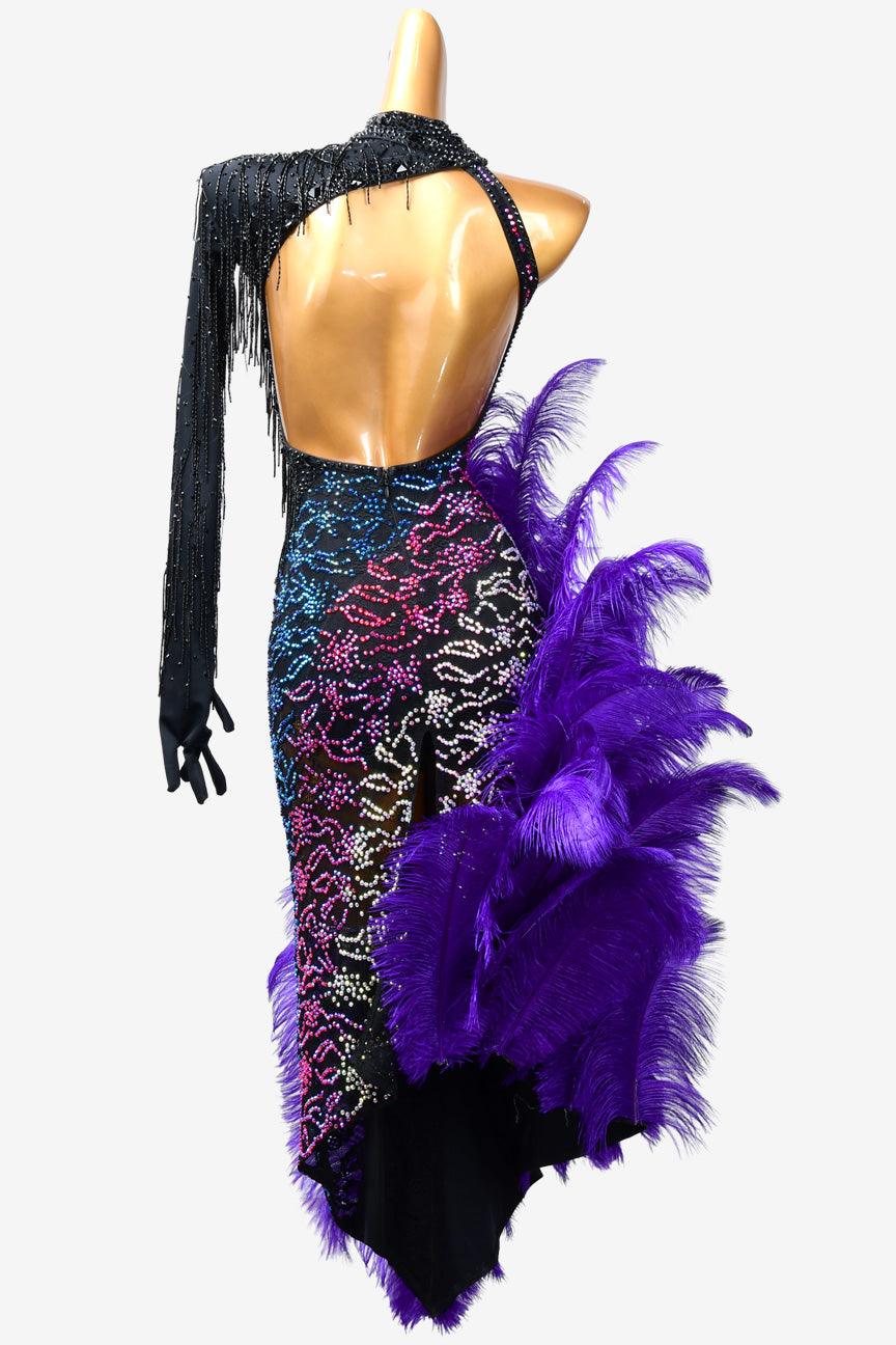 Permino black Latin dress with beaded fringe, feather and rhinestone - PerminoDesign