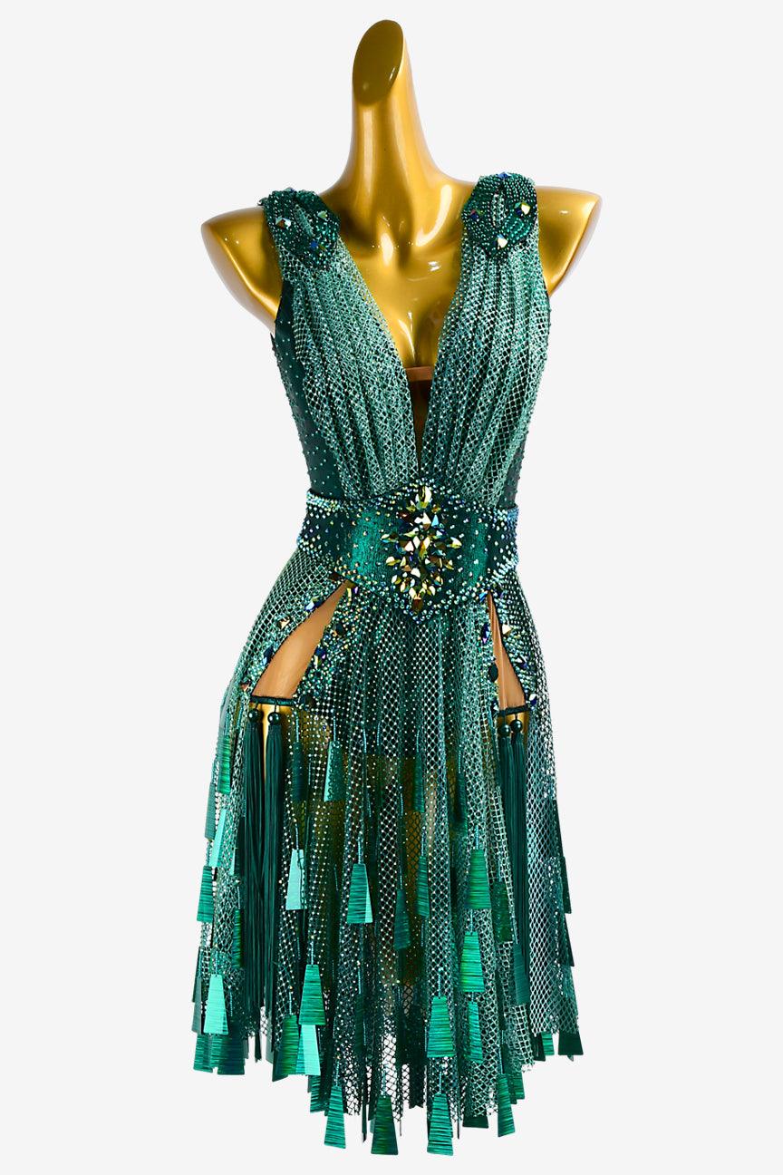 Permino teal crystal fishnet Latin dress with sequins, tassels & green crystal AB - PerminoDesign