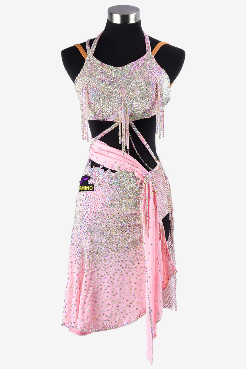 Permino pink Latin dress with fishnet and AB stone - PerminoDesign