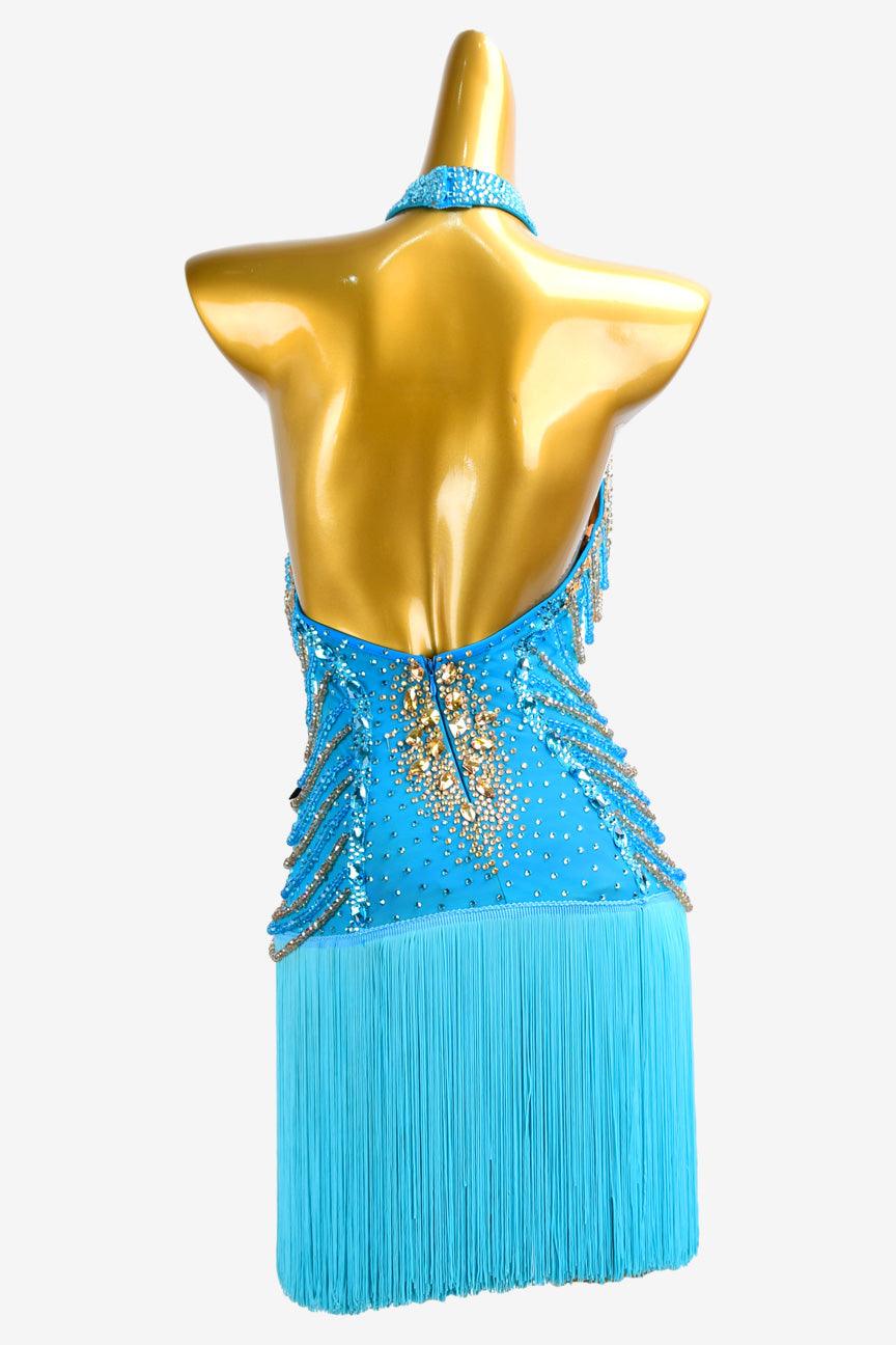 Permino deep sky blue Latin dress with beading, AB stone and fringe - PerminoDesign