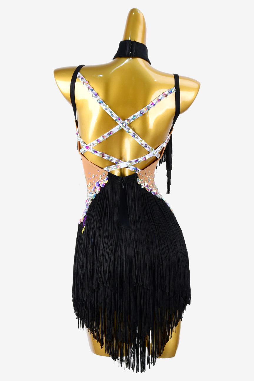 Permino fleshtone & black matt lycra Latin dress with AB colorful stones and fringes - PerminoDesign