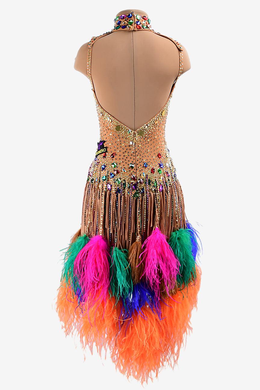 Permino fleshtone lycra Latin dress with stone fringes, colorful feathers, fringes, rhinestones & sew-on stones - PerminoDesign