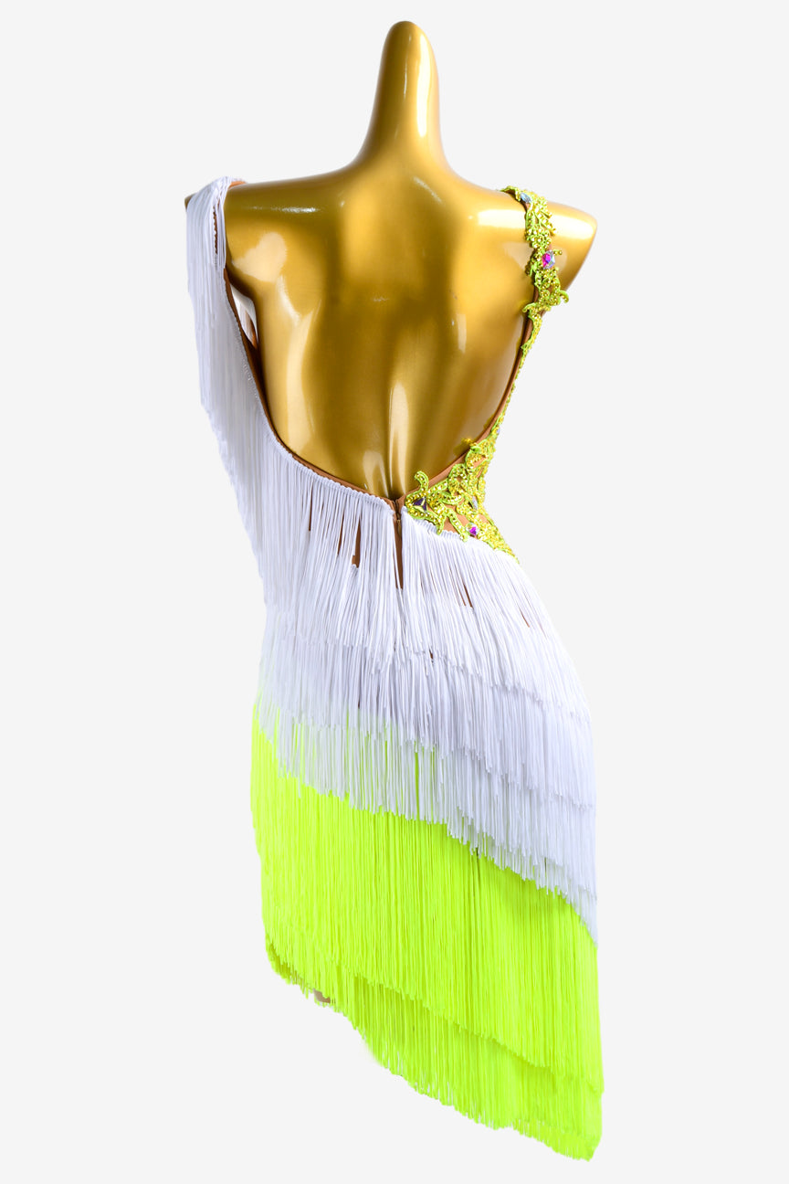 White & lemon green fringe Latin dress with crystal lace applique - PerminoDesign