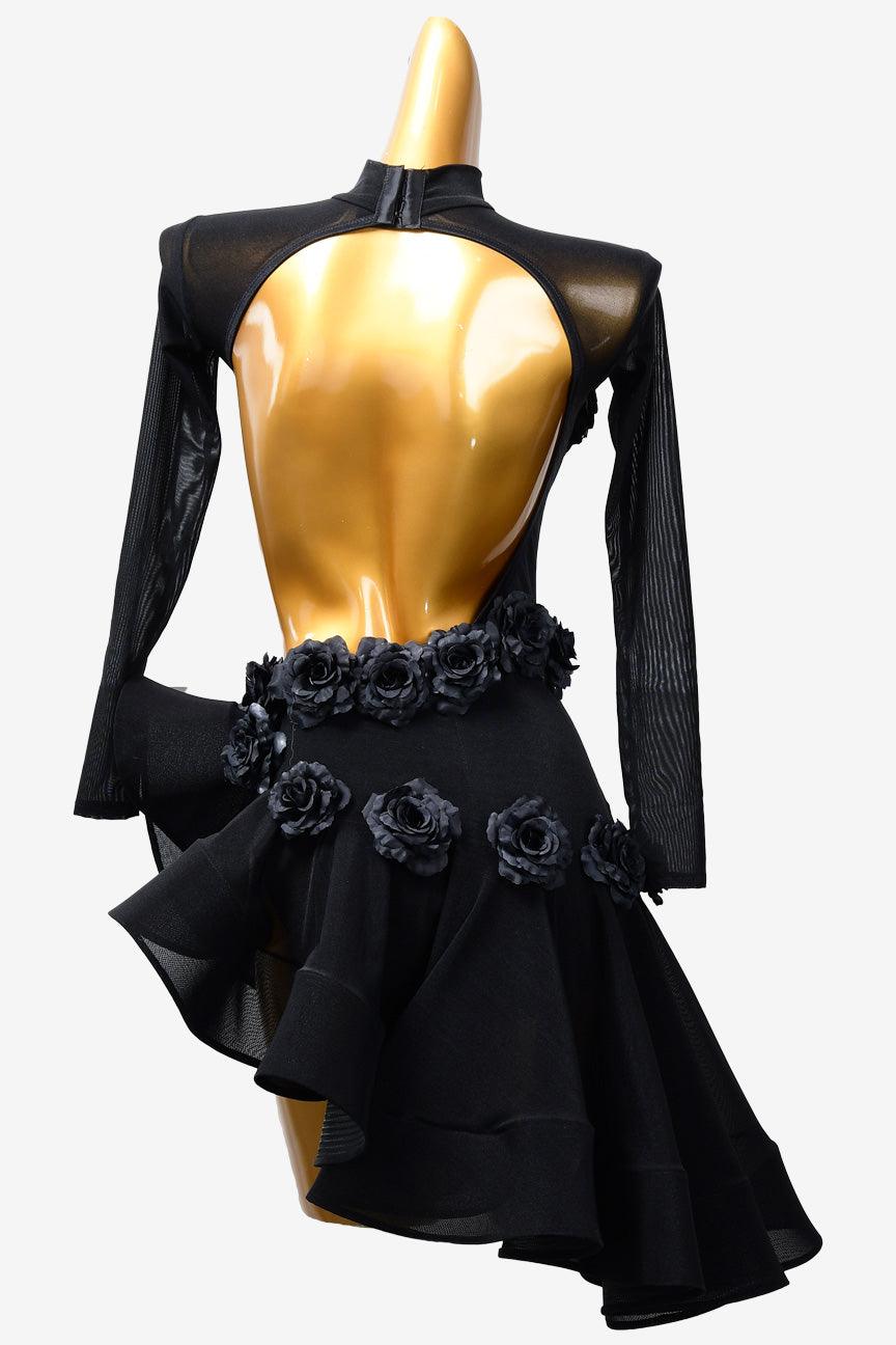 Permino black mesh Latin dress with ruffle fishbone underskirt & flower appliques - PerminoDesign