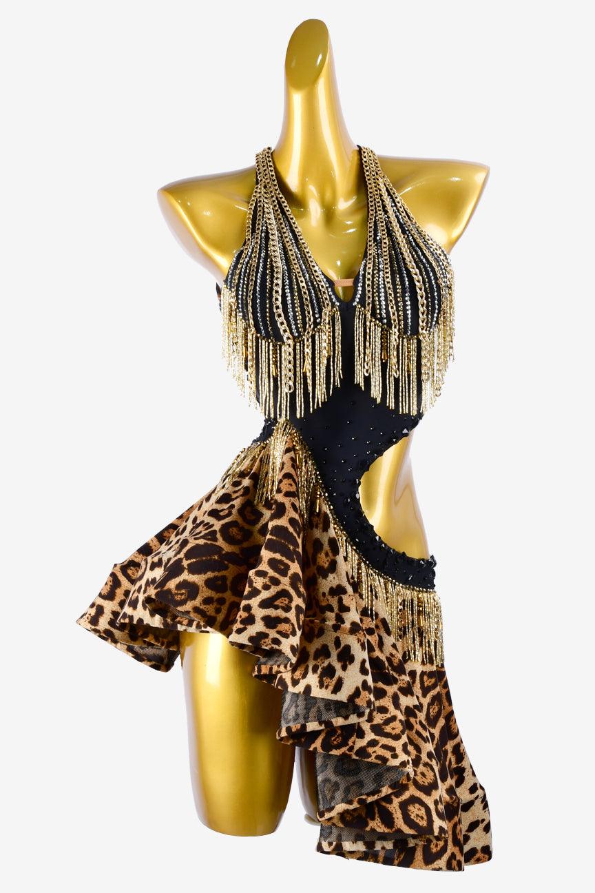 Permino leopard print Latin dress with gold beaded fringes, chains, black rhinestone & sew-on stones - PerminoDesign