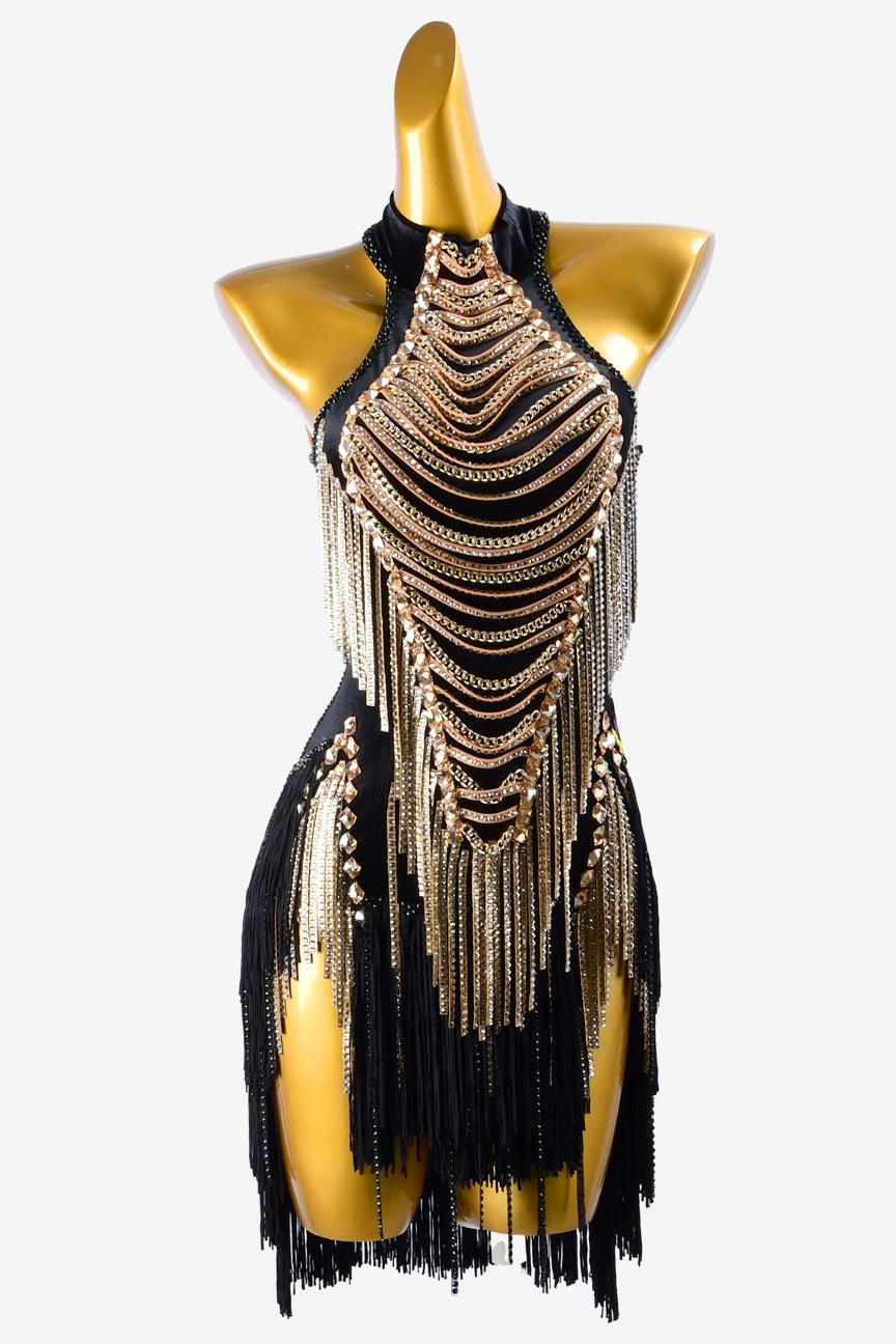 Permino black matt lycra Latin dress with fringes, gold chains & stone fringes and crystals - PerminoDesign