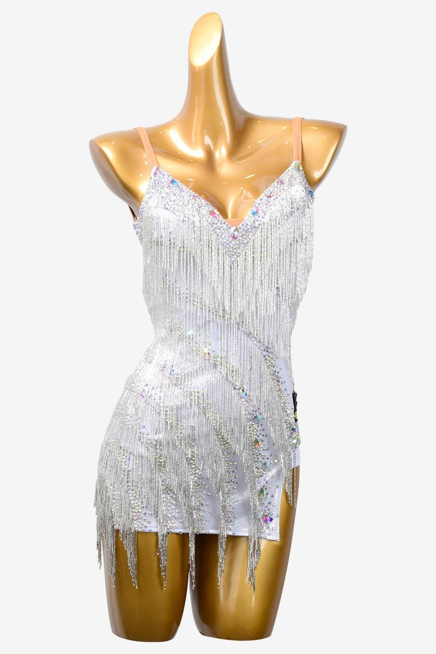 Permino white Latin dress with beaded fringe and AB stone - PerminoDesign