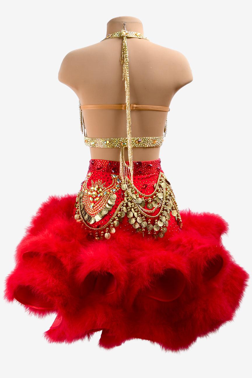 Permino gold Latin dress with china red ruffle fishbone underskirt, gold stone fringes, feathers & crystals - PerminoDesign