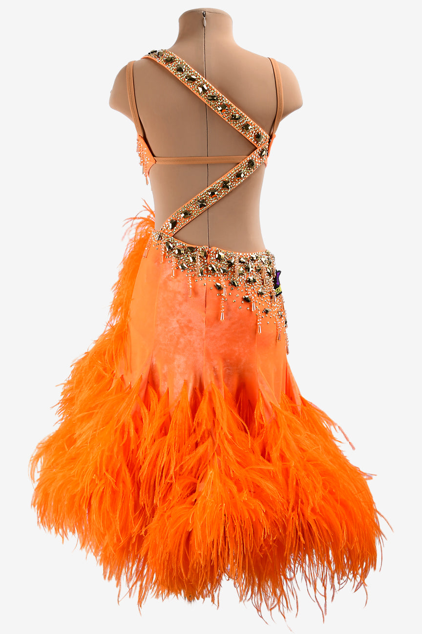 Permino vitality orange Latin dress with gold mirror stones, beadings, feathers, AB stones & sew-on crystals - PerminoDesign