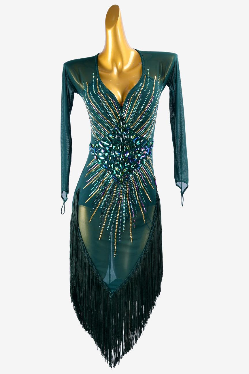 Permino malachite green mesh Latin dress with fringes, AB sew-on stones & rhinestones - PerminoDesign