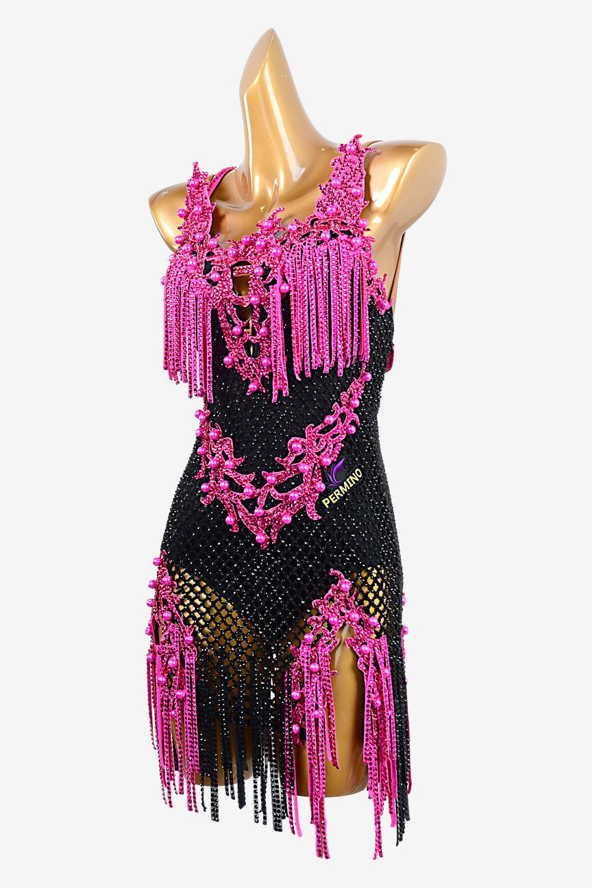 Permino black Latin dress with crystal fishnet, lace appliqués, rhinestones, cerise stone fringes & beadings - PerminoDesign