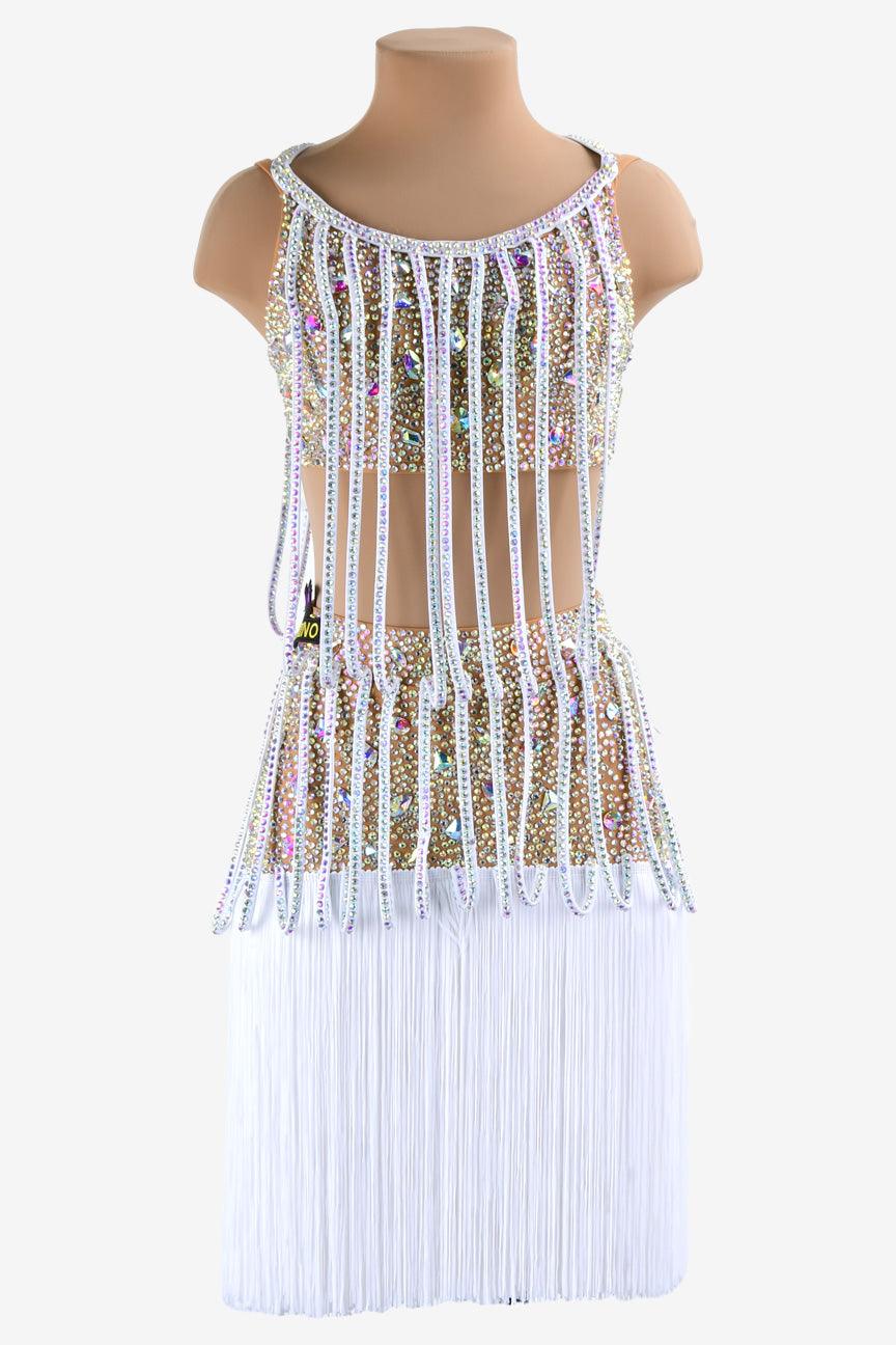 Permino white Latin dress with beaded fringe, stone fringes and AB stone - PerminoDesign