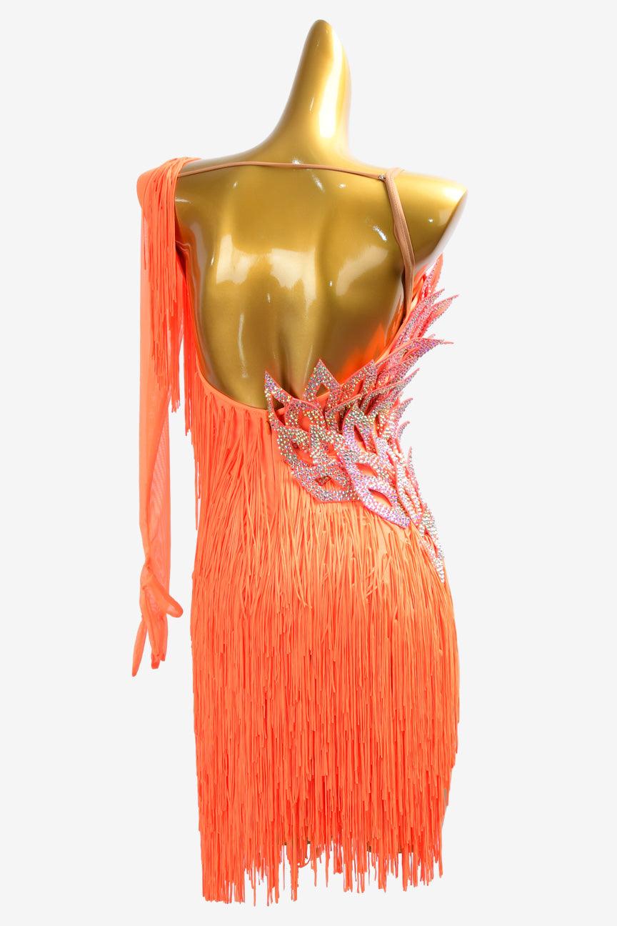 Permino orange Latin dress with fringe and crystal AB - PerminoDesign