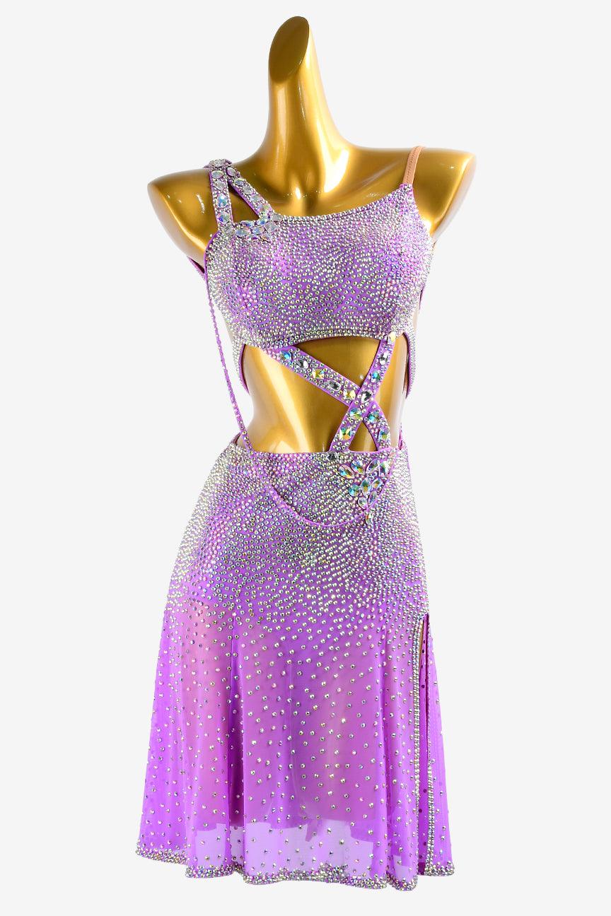 Purple fully crystallized stretch mesh Latin dress with AB sew-on stones - PerminoDesign