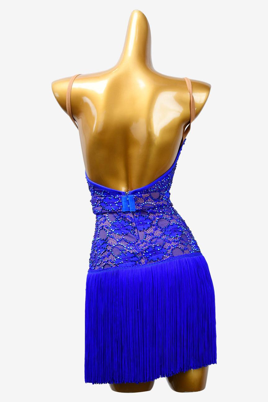 Permino cerulean bule stretch lace backless Latin dress with rhinestones & fringes - PerminoDesign