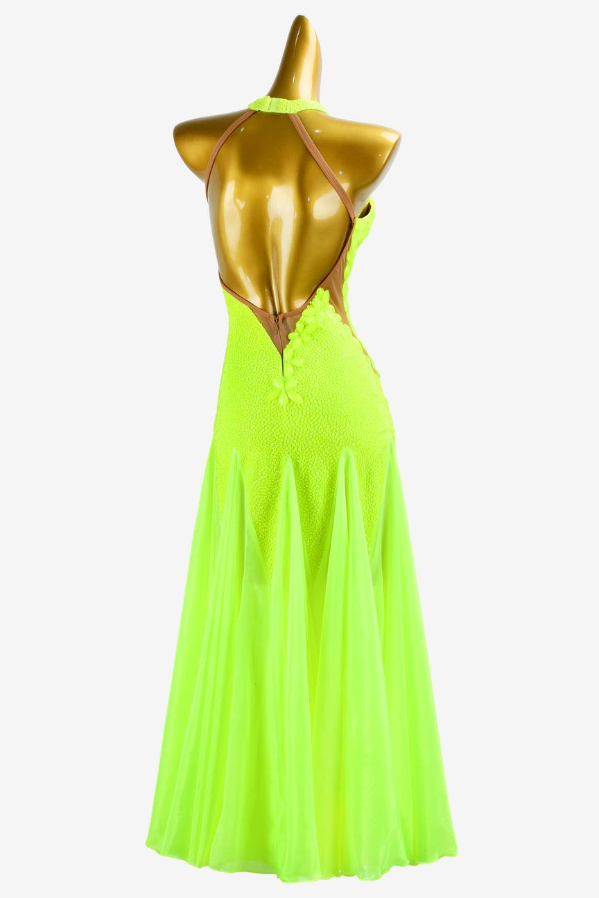 Permino chartreuse backless Ballroom dress with pearl chiffon underskirts, crystals & rhinestone applique - PerminoDesign