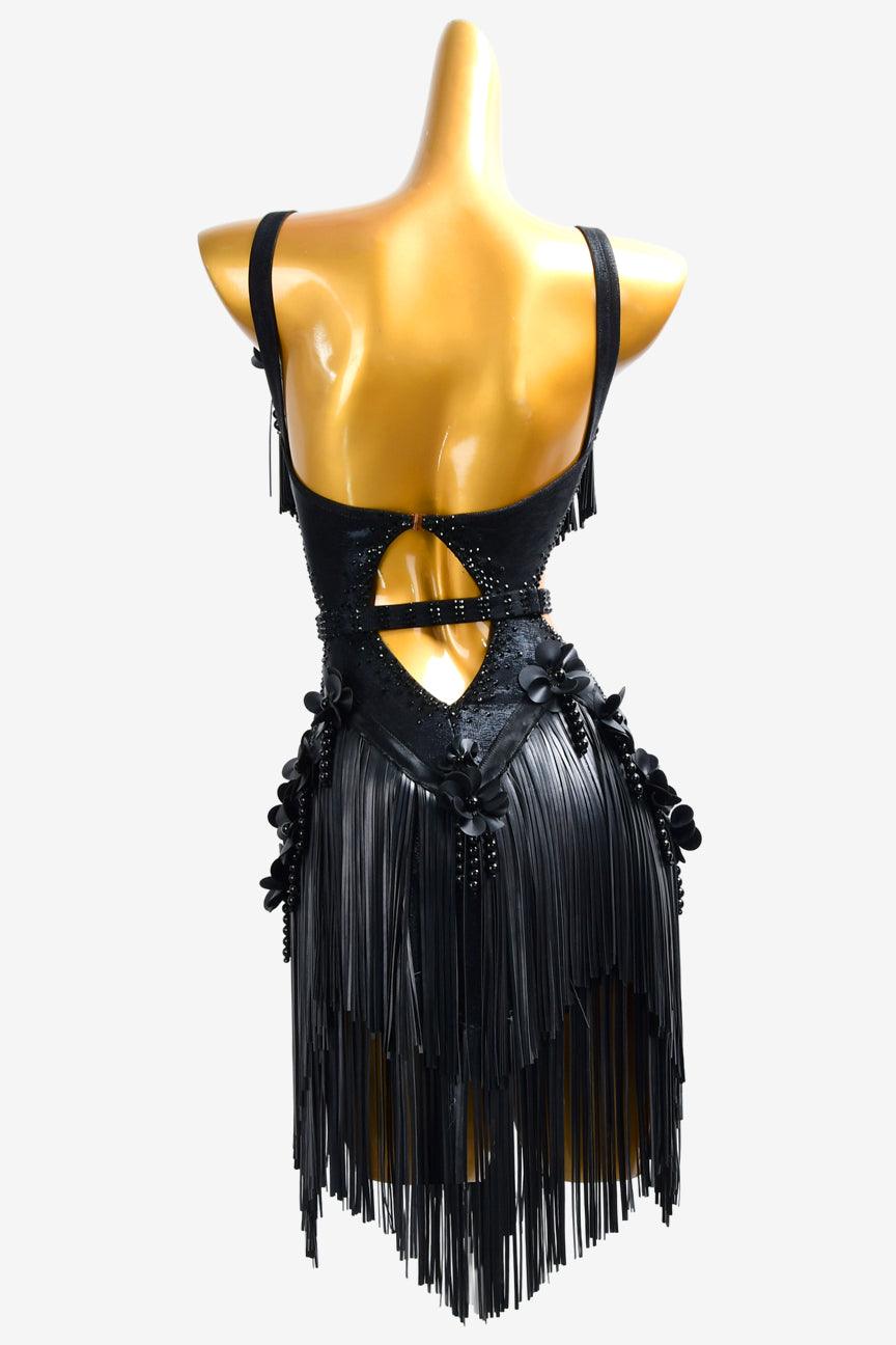 Permino black Latin dress with appliqués,rhinestones, PU leather fringes & beadings - PerminoDesign