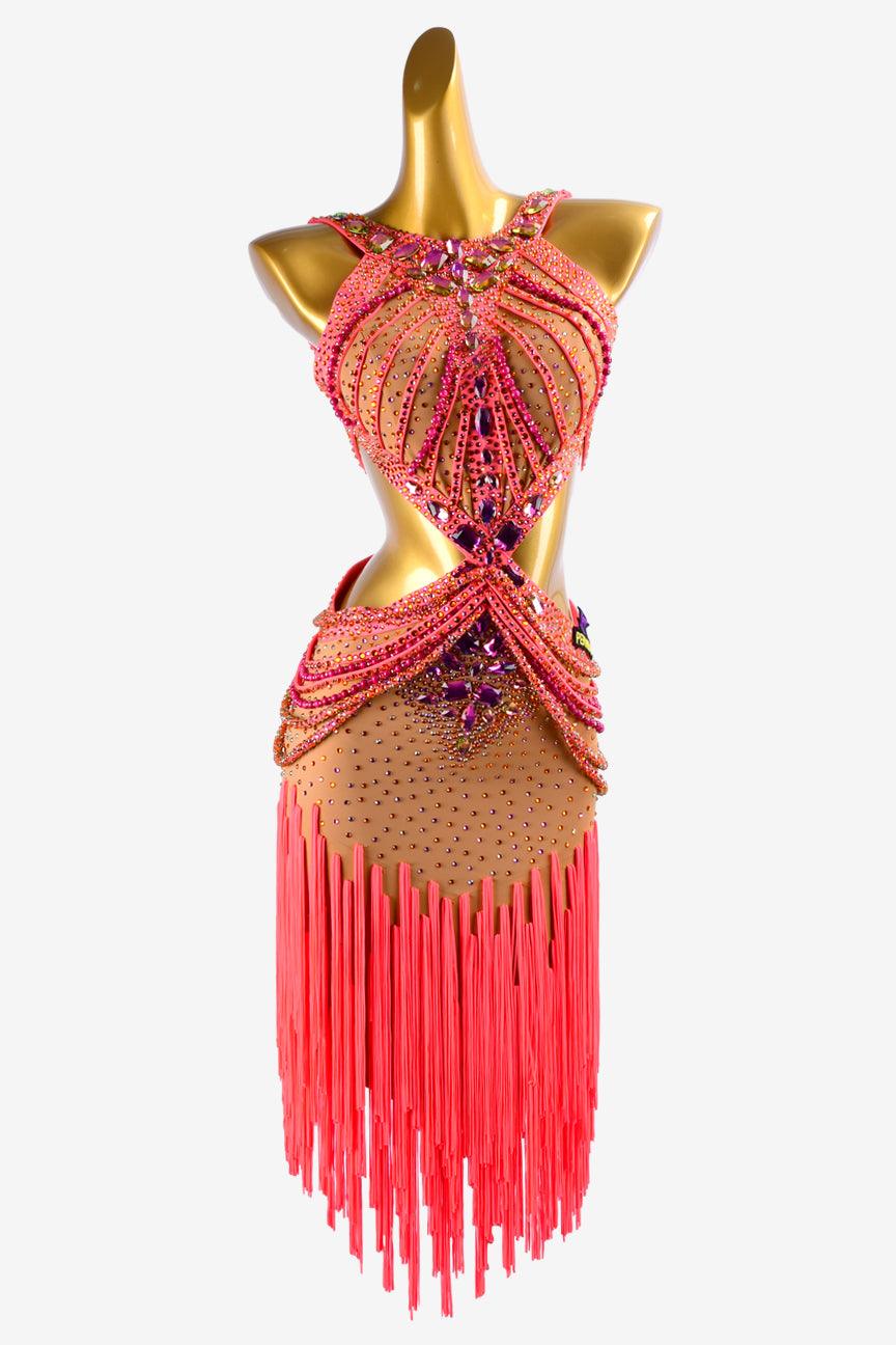 Permino fleshtone lycra Latin dress with oranger red stone string, fringes & rhinestones - PerminoDesign