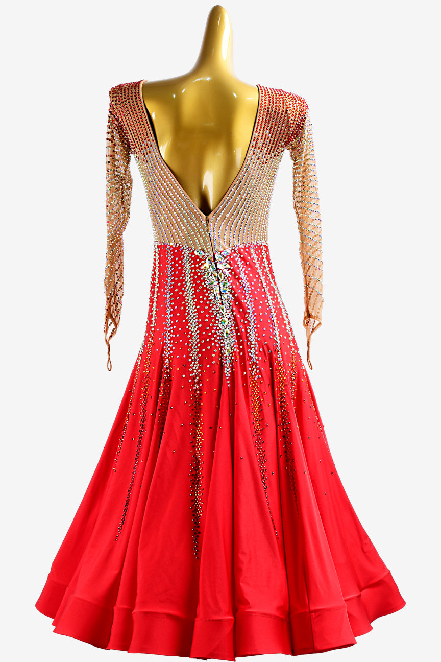 Vermilion & fleshtone Standard dress with crystal AB and red rhinestones - PerminoDesign