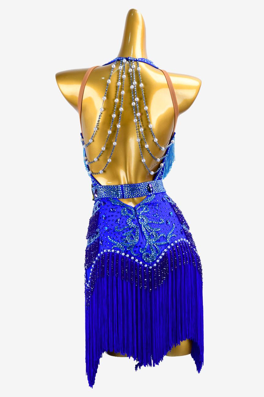 Permino international kIein blue Latin dress with lace appliqué, fringe, skyblue beaded fringes, crystals & beadings - PerminoDesign