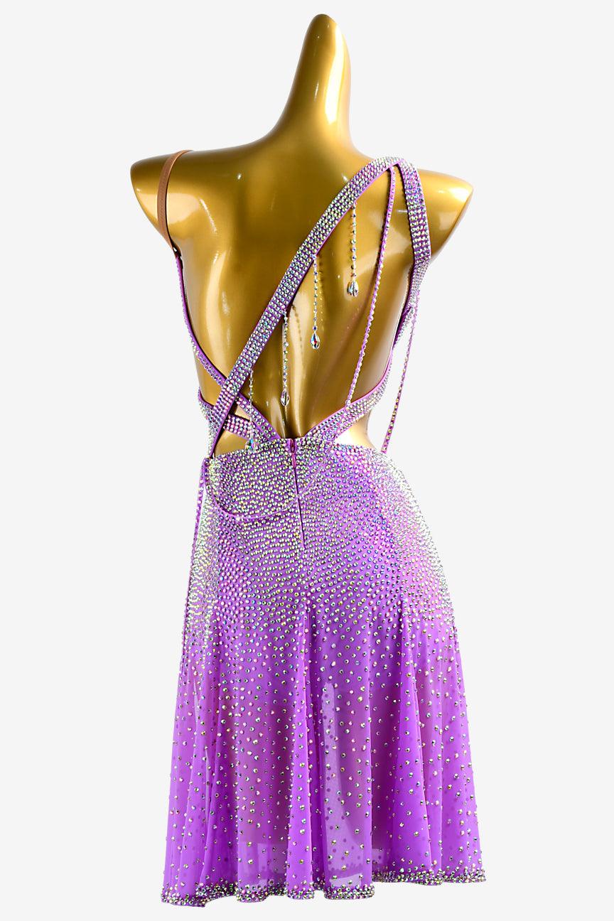 Purple fully crystallized stretch mesh Latin dress with AB sew-on stones - PerminoDesign