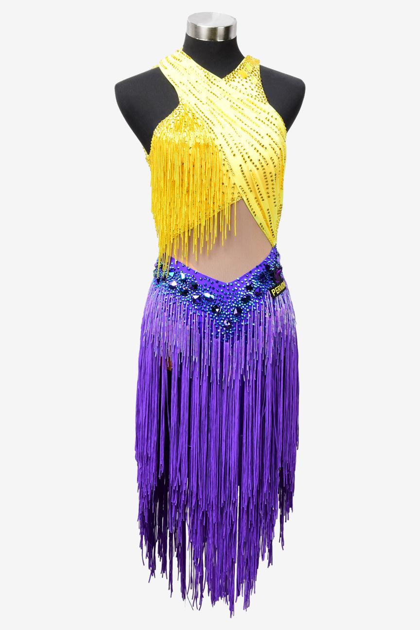 Permino colorful Latin dress with fringe, beaded fringe and rhinestone - PerminoDesign