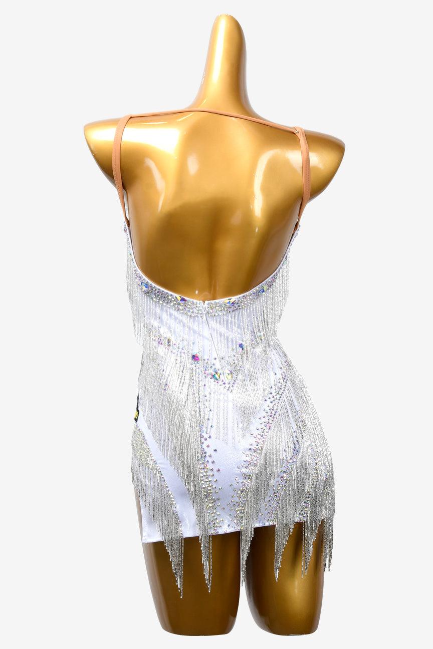 Permino white Latin dress with beaded fringe and AB stone - PerminoDesign