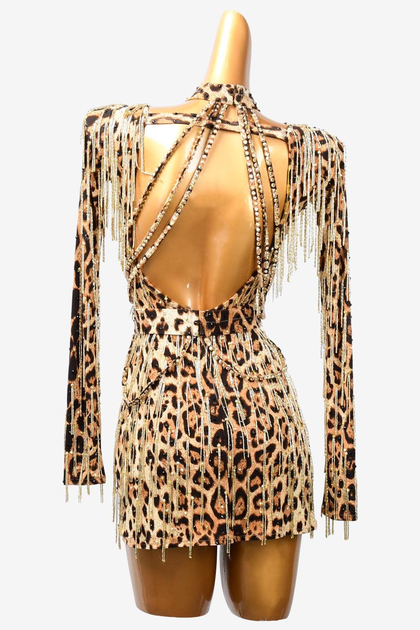 Permino leopard print Latin dress with rhinestone, beaded fringe, reading andstone fringes - PerminoDesign