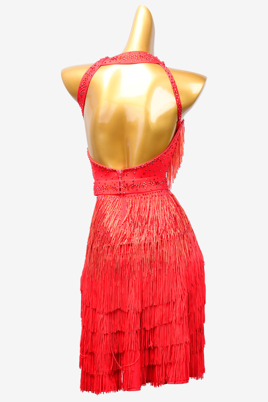 Permino vermilion Latin dress with fringe, beaded fringe and AB stone - PerminoDesign