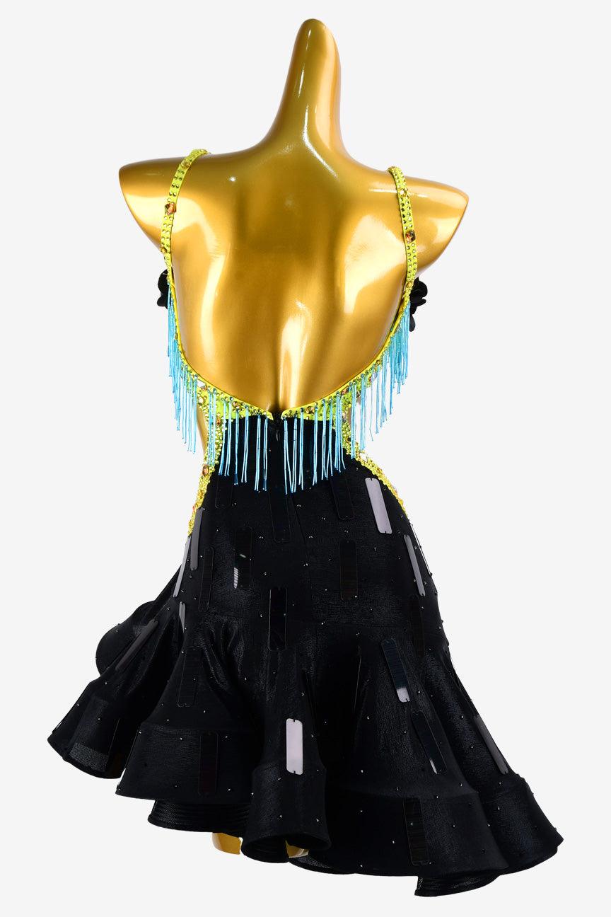 Permino black Latin dress with skyblue beaded fringes, sequins, flower appliques & AB stones - PerminoDesign