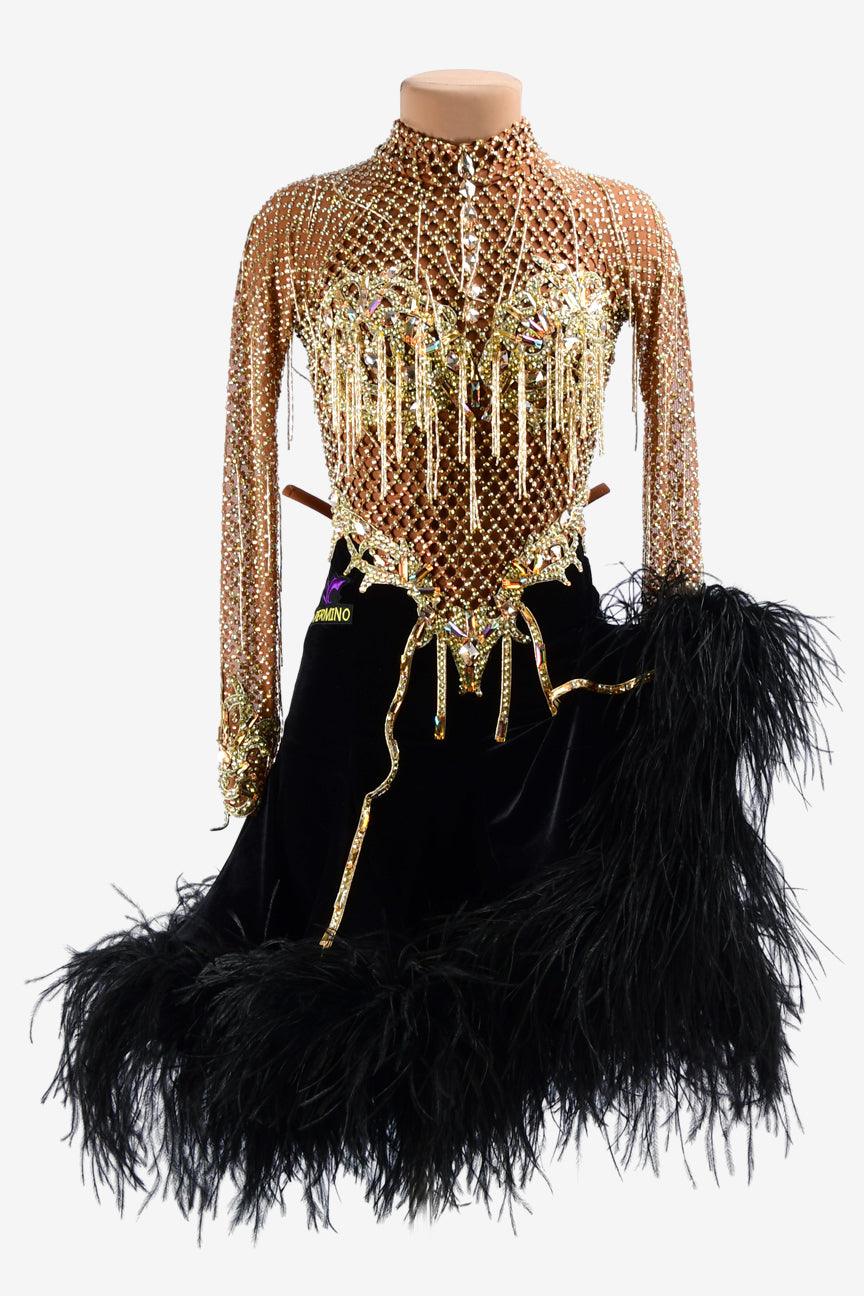 Permino fleshtone crystal fishnet Latin dress with black underskirt & feathers, gold beaded fringes & lace appliqués - PerminoDesign