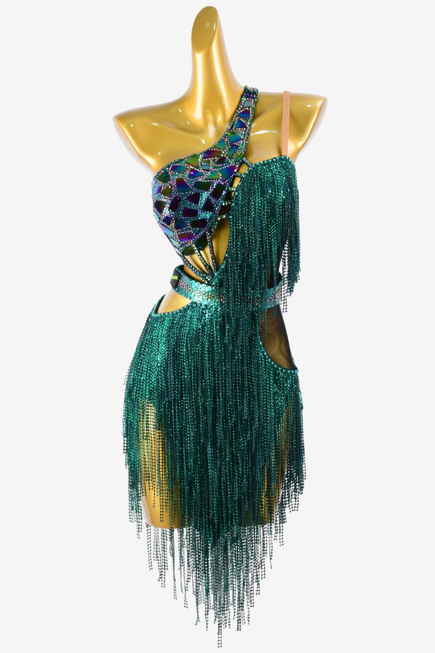 Permino dack green Latin dress with AB stone, crystal fishnet fringes & mirror stones - PerminoDesign