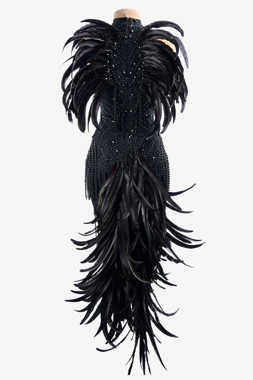 Permino black matt lycra Latin dress with rhinestones, beaded fringes & feathers - PerminoDesign