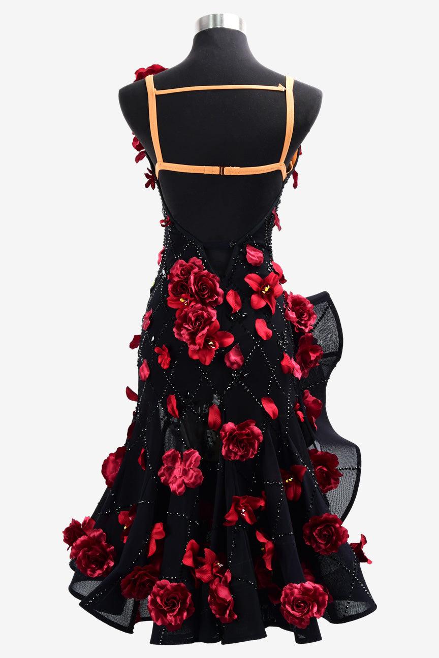 Permino black mesh Latin dress with red flower appliques & rhinestones - PerminoDesign