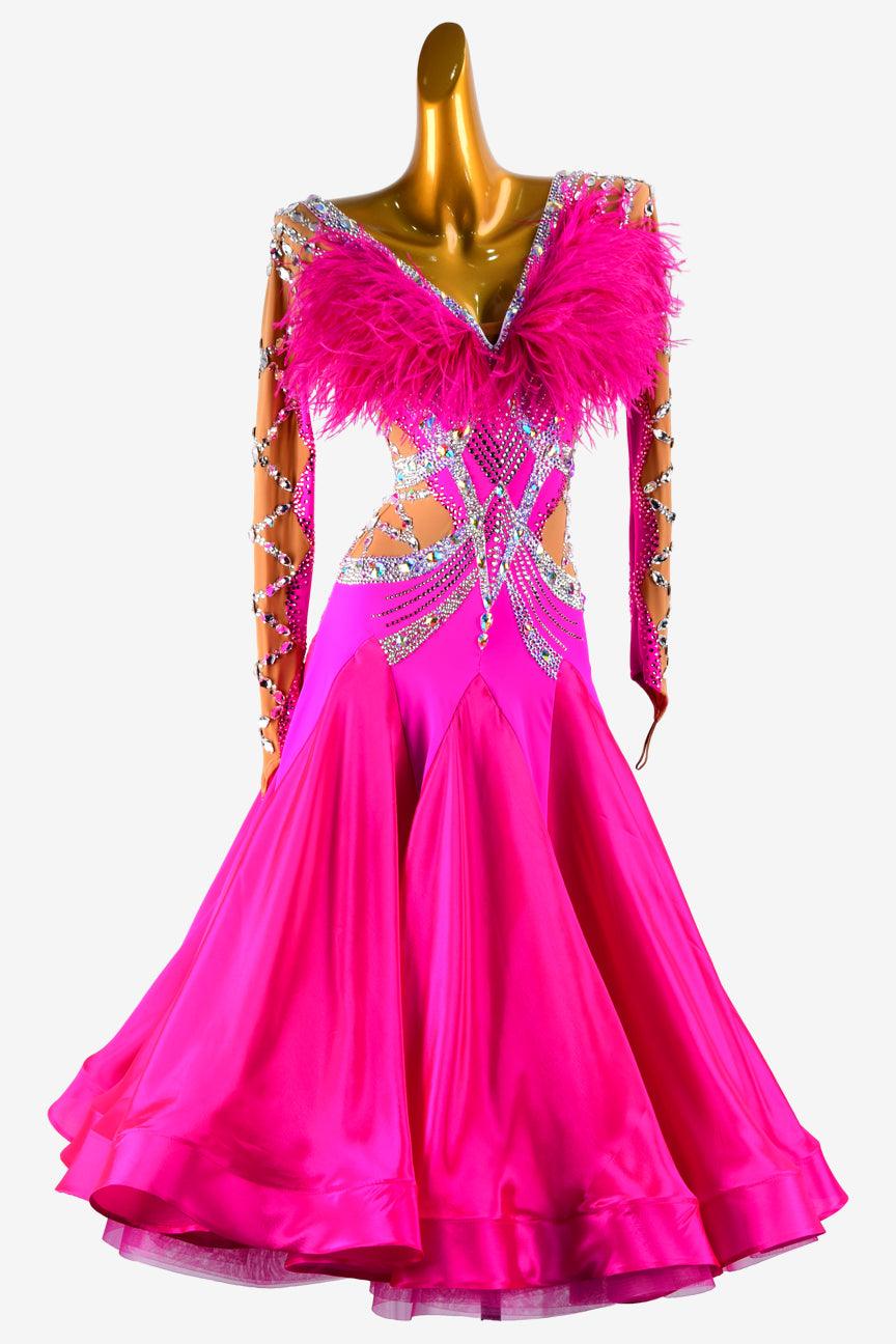 Permino magenta & fleshtone matt lycra standard dress with pearl chiffon underskirt, AB stones & feathers - PerminoDesign