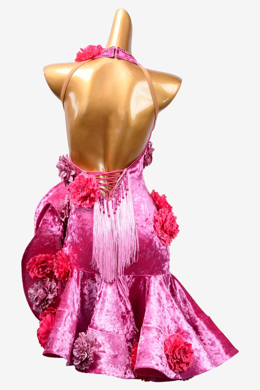 Permino magenta rose Latin dress with fringes, beadings, crystals & flower appliques - PerminoDesign