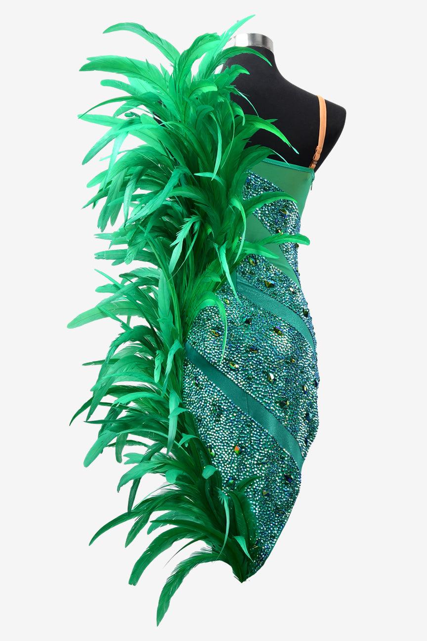 Permino lack green Latin dress with crystal AB and feather - PerminoDesign