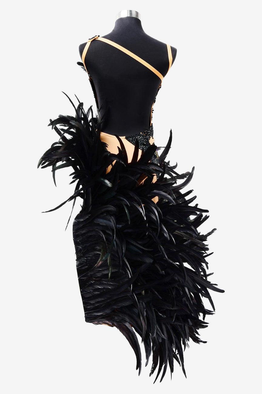 Permino black Latin dress with rhinestone and feather - PerminoDesign