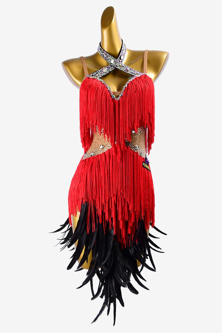 Permino fleshtone lycra Latin dress with red fringes, black feathers, silver crystals & sew-on stones - PerminoDesign