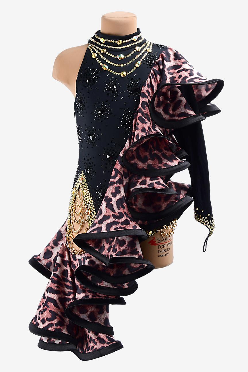 Permino black matt lycra Latin dress with leopard print draping ruffle, black crystals & gold sew-on rhinestones - PerminoDesign