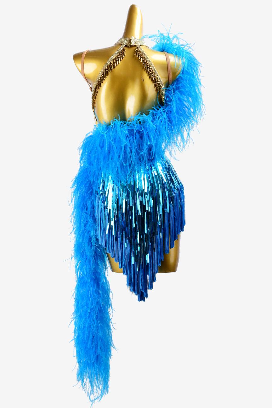 Permino dark sky blue Latin dress with sequins, gold stone mirrors, crystal AB, blue feathers & fringes - PerminoDesign