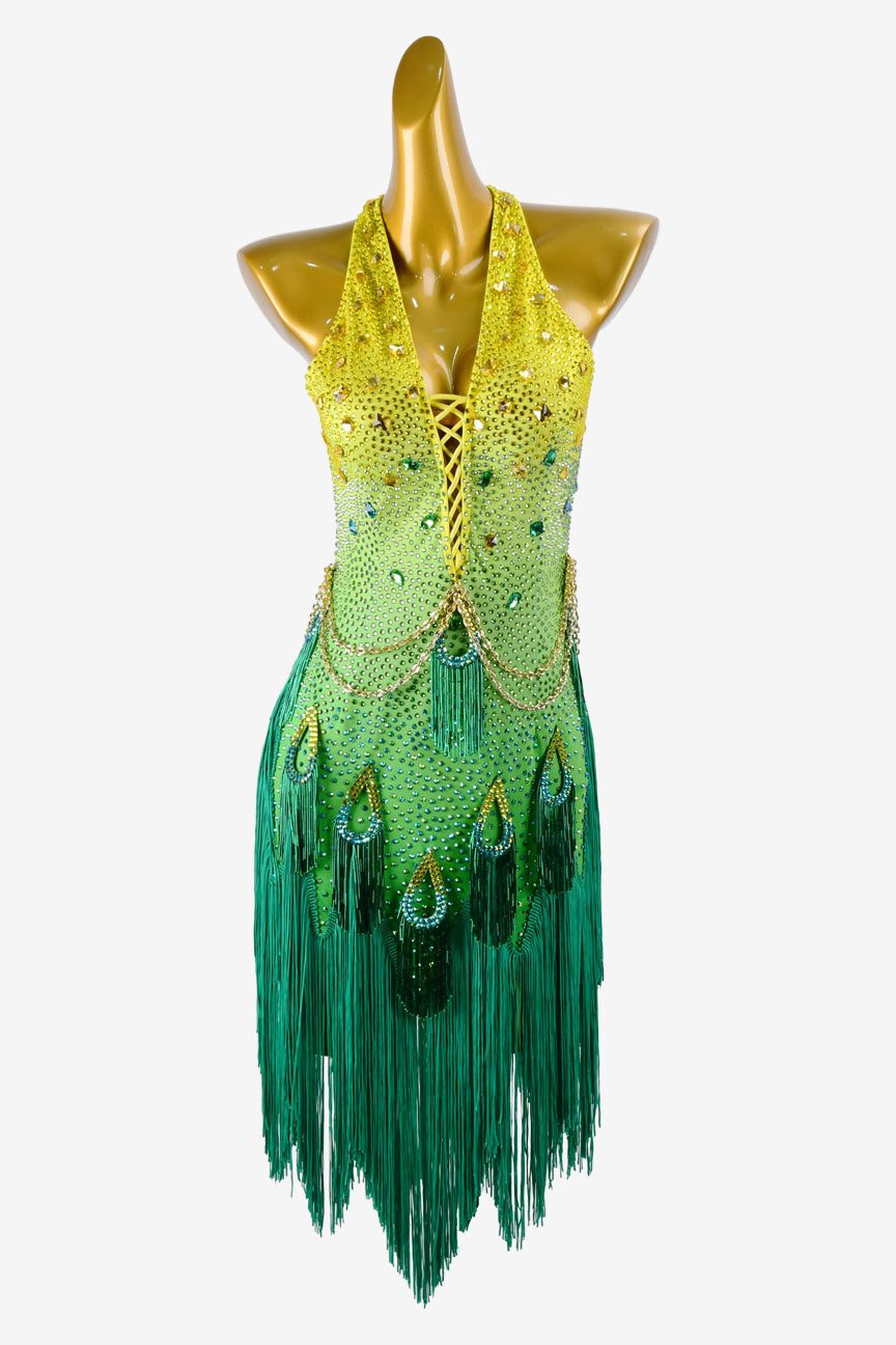 Permino yellow shaded seagreen Latin dress with beaded fringe, AB sew-on stones & fringes - PerminoDesign