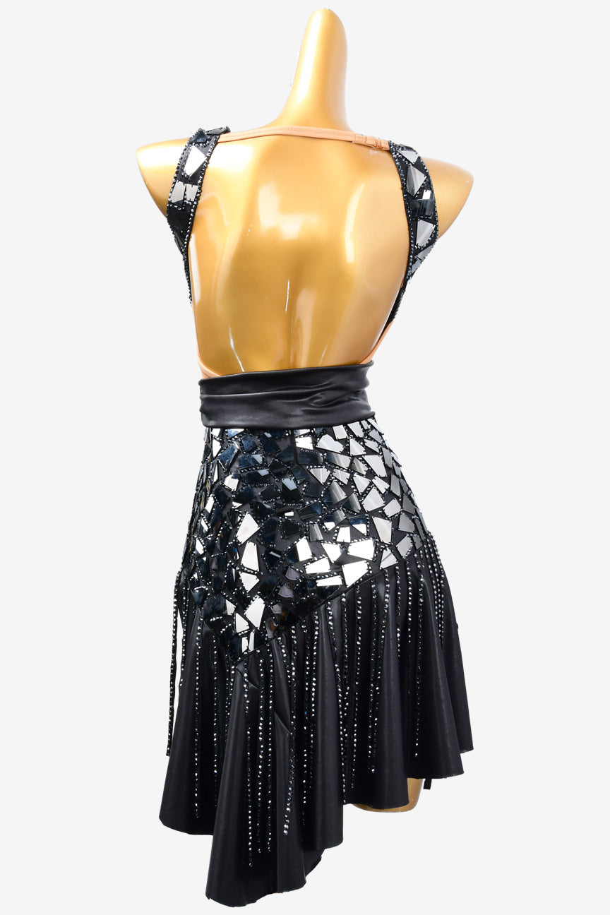 Permino black Latin dress with mirror stone, rhinestone and stone fringes - PerminoDesign