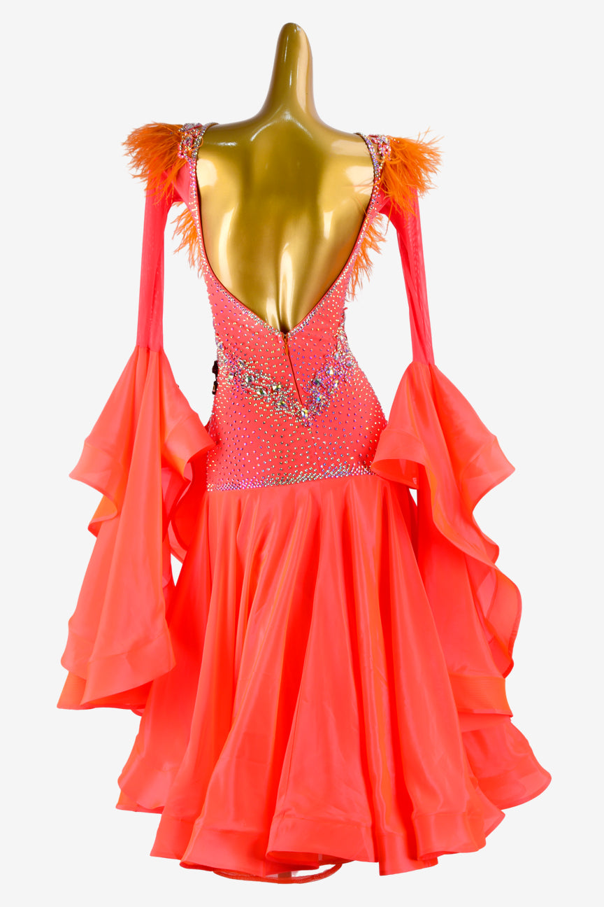 Permino vitality orange Standard dress with pearl chiffon underskirt, crystal AB & feathers - PerminoDesign