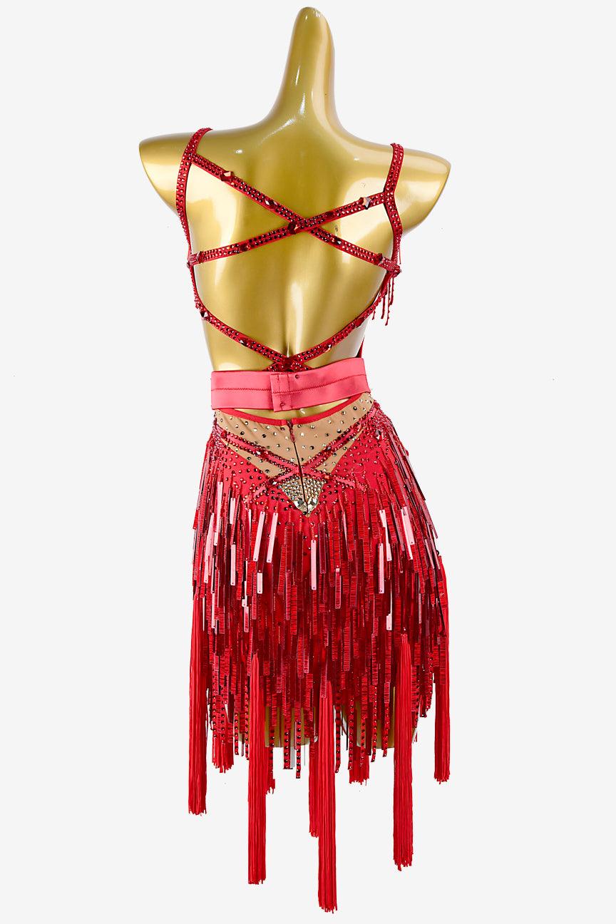 Permino crimson matt lycra Latin dress with stone fringes, sequins, beaded fringes, tassels and crystals - PerminoDesign