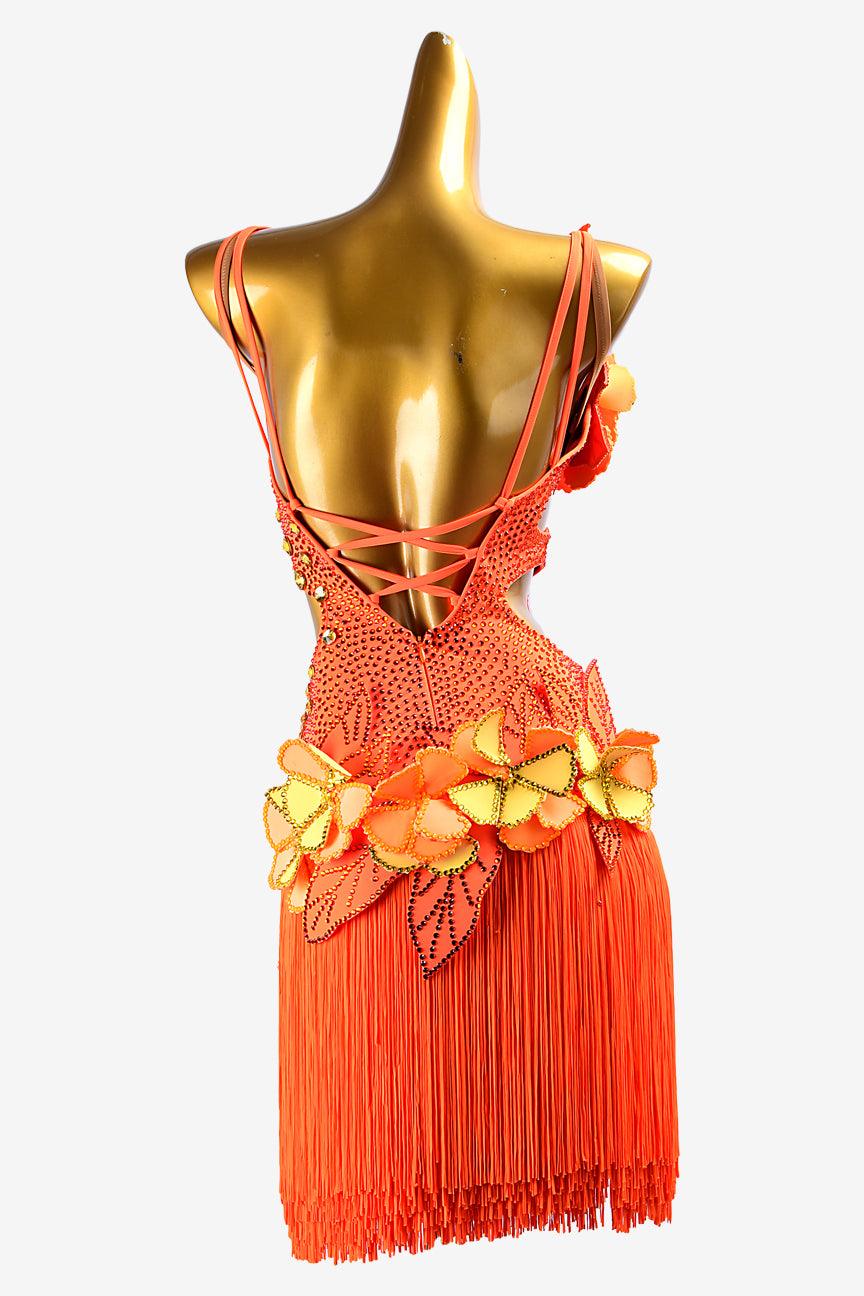 Permino orange matt lycra Latin dress with fringes, flower appliques, crystals & sew-on stones - PerminoDesign