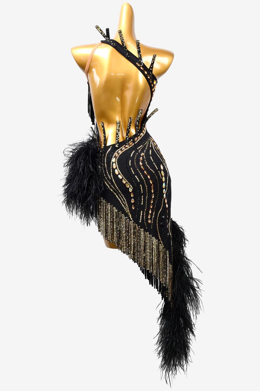 Permino black Latin dress with stone fringes, rhinestone and feather